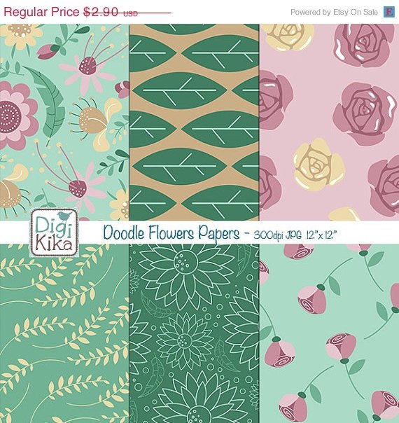 Doodle Flowers II Digital Papers - Floral Paper Pack - Scrapbook, card design