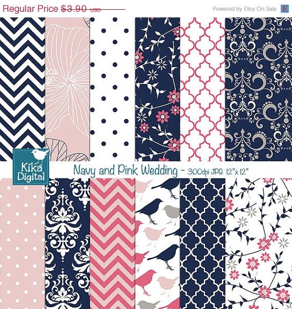 Navy , Pink Digital Papers, Navy , Coral Digital Papers - wedding, card design