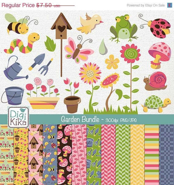 Garden Digital Bundle- Clipart , Paper Pack- scrapbooking , photo album, design