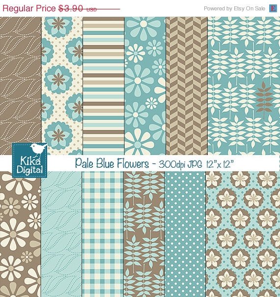 Pale Blue Flowers Digital Papers - Scrapbooking Papers - card design