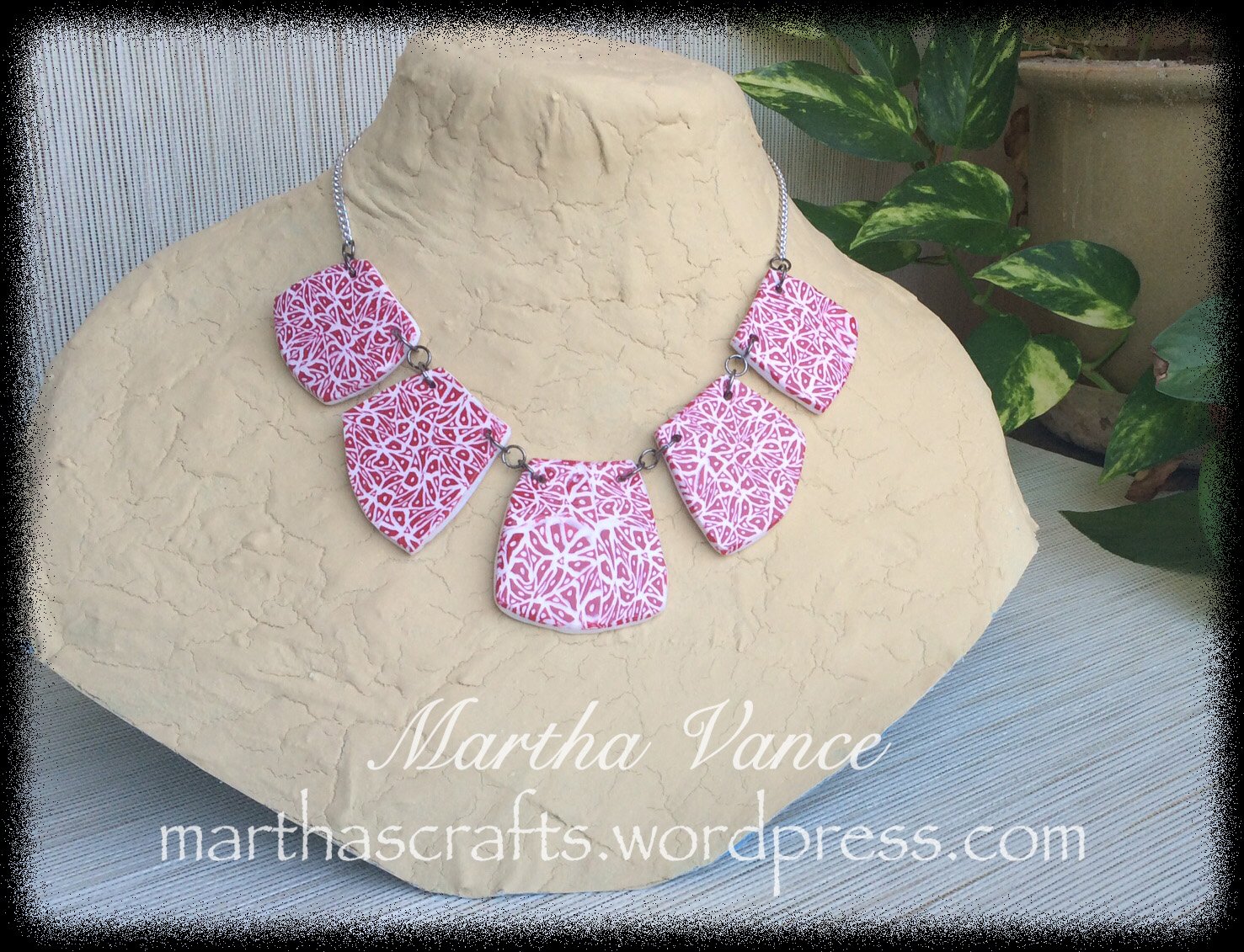 Red and White Polymer Clay Tile Necklace