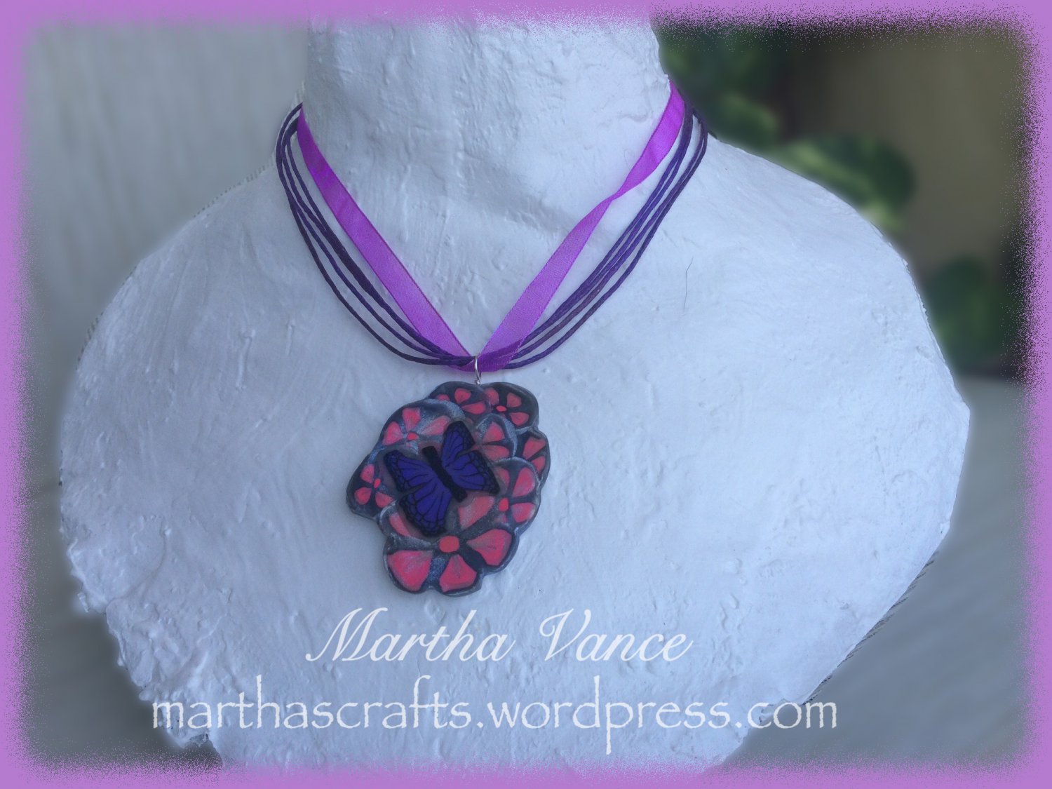 Pink Flowers and Butterfly Pendant