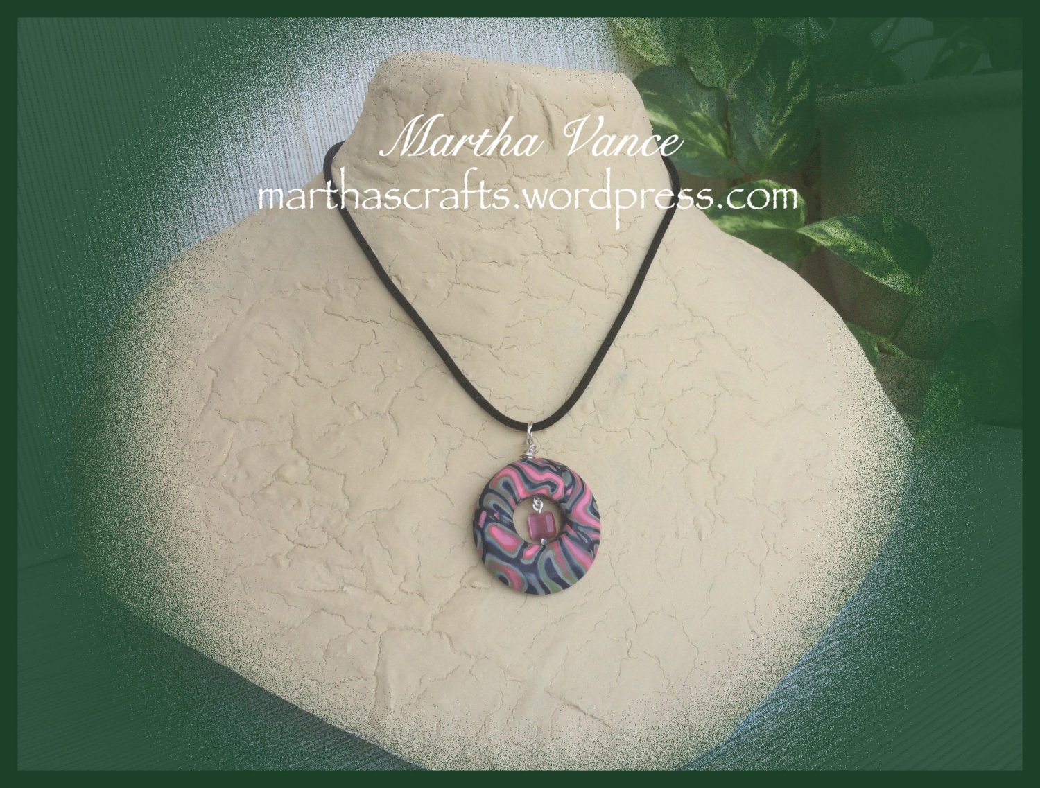 Polymer clay Necklace Pendant Donut with Glass Bead