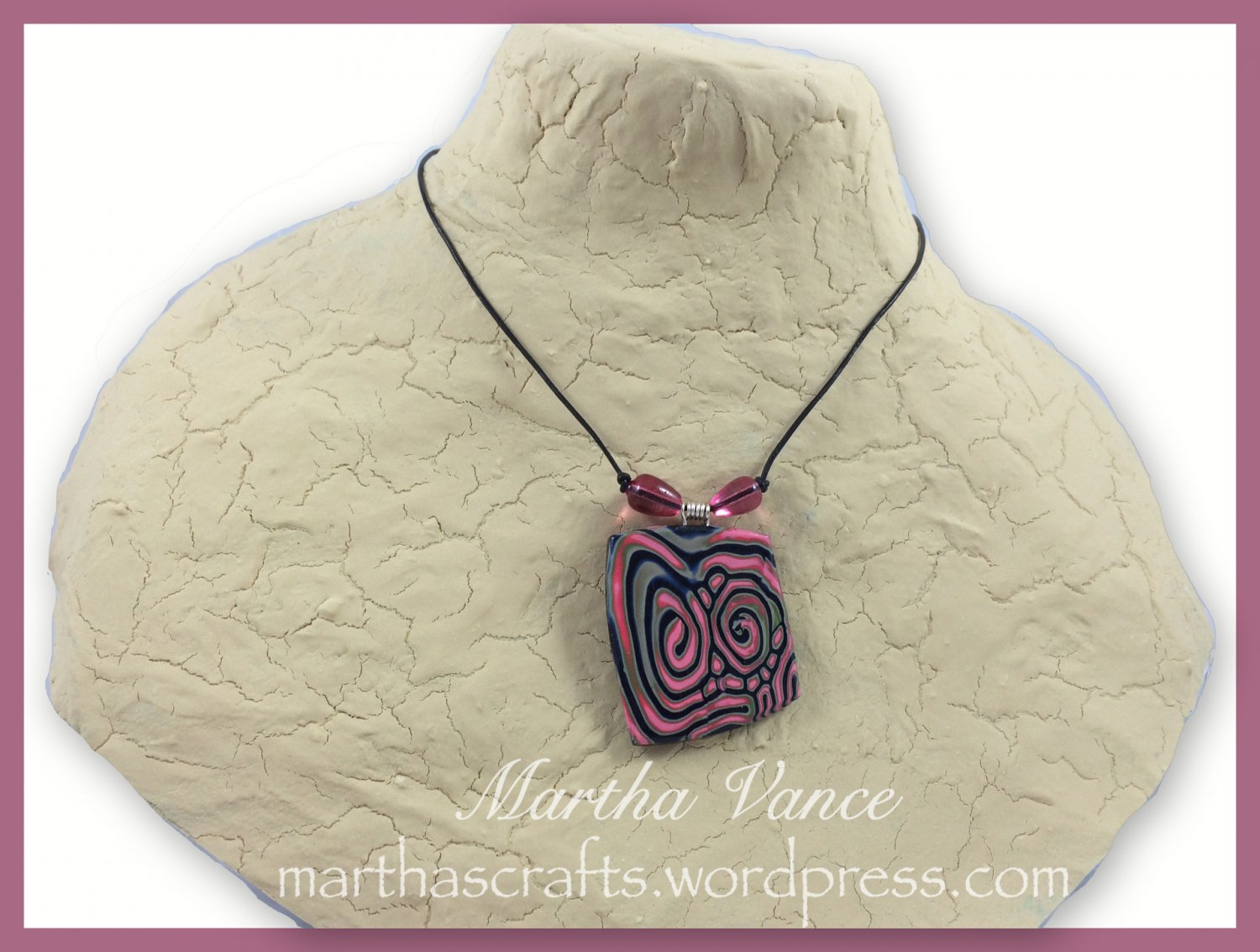 Pink and Green Polymer Clay Pendant Necklace