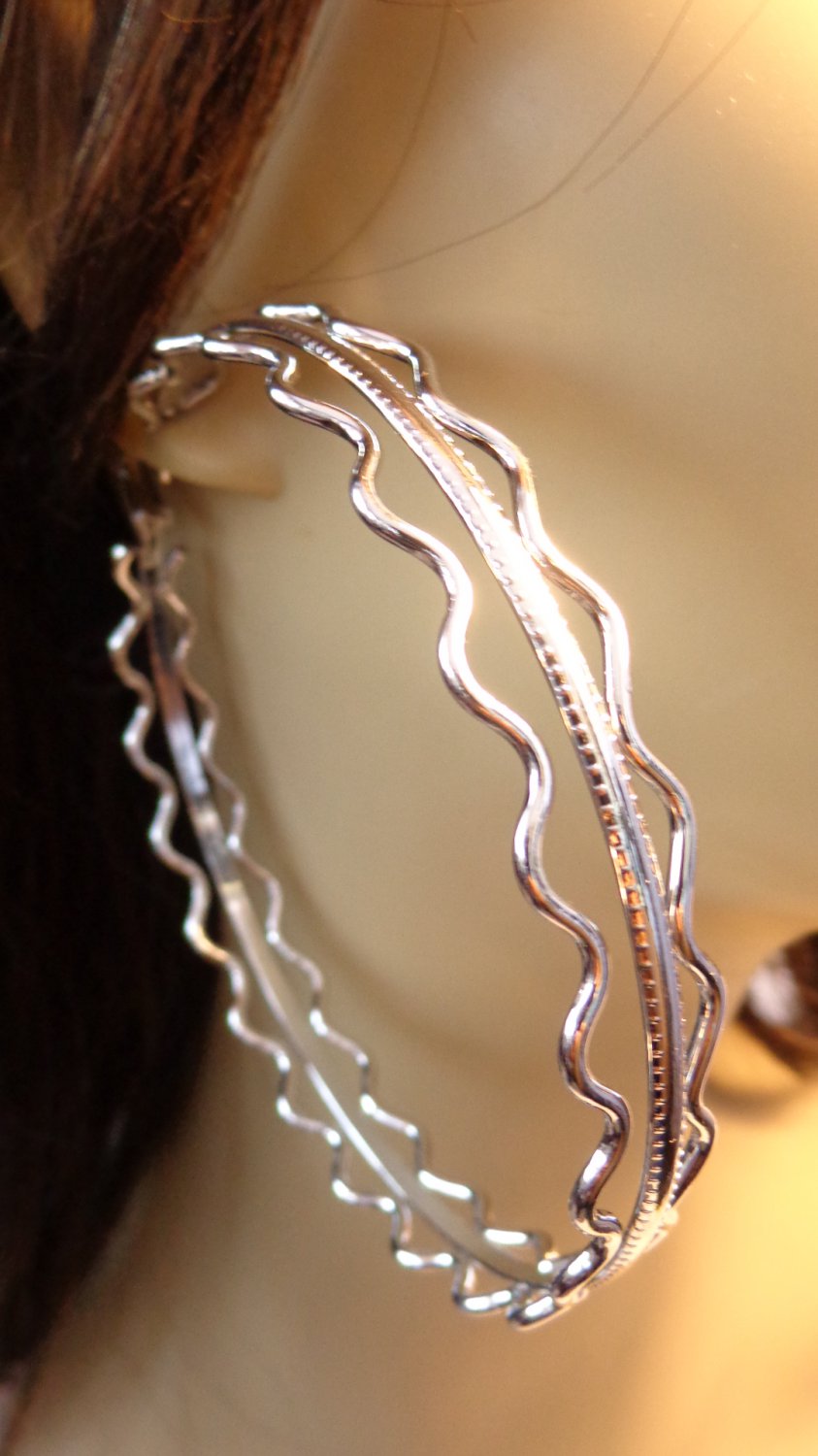 3.5 inch Hoop Earrings Silver Wave Design Hoop Earrings