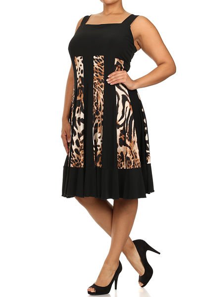 Leopard print, Striped, Tank Dress. Plus 1X, Cocktail, Knee-Length, Multi-Color