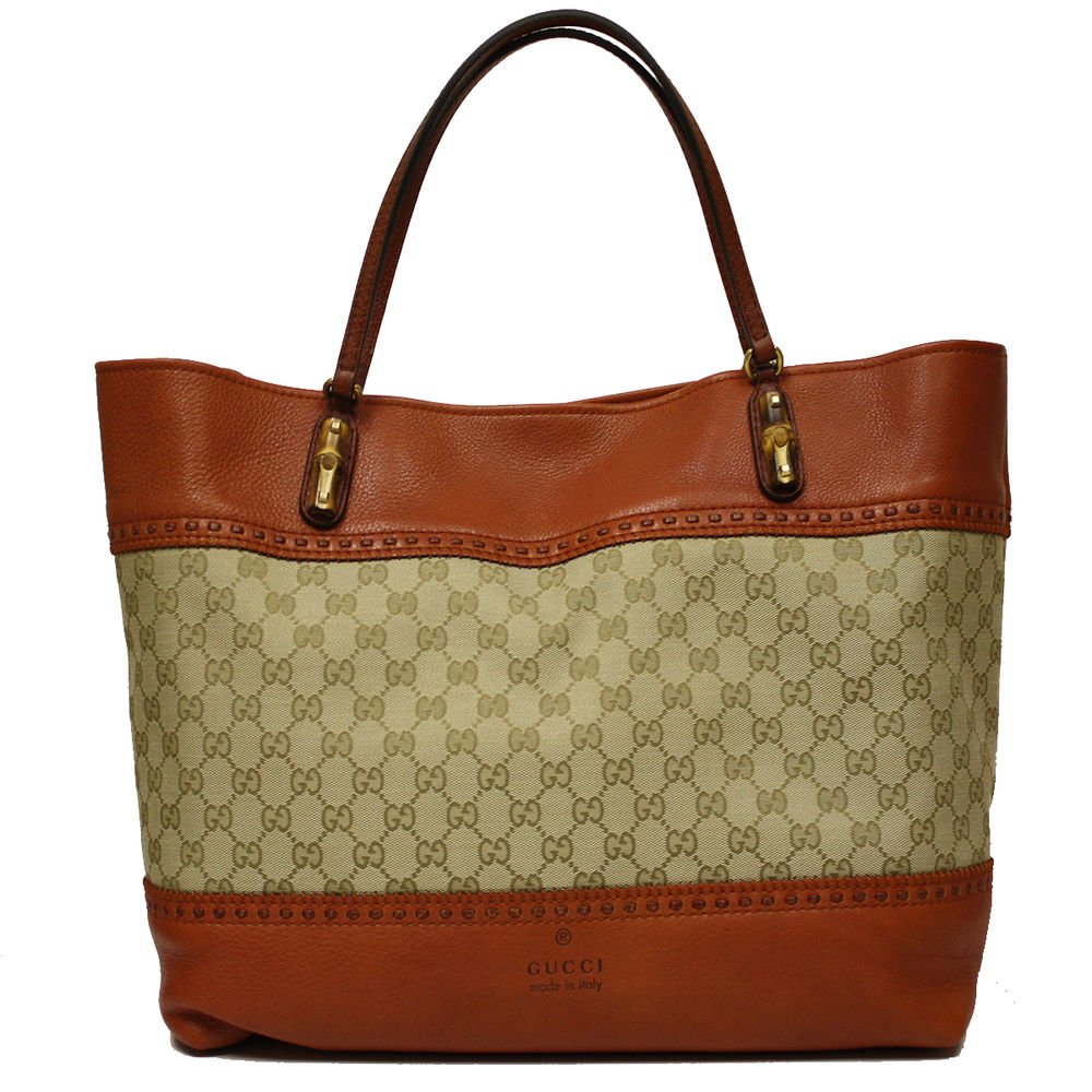 Gucci Laidback Canvas and Orange Leather Bamboo Tote Bag