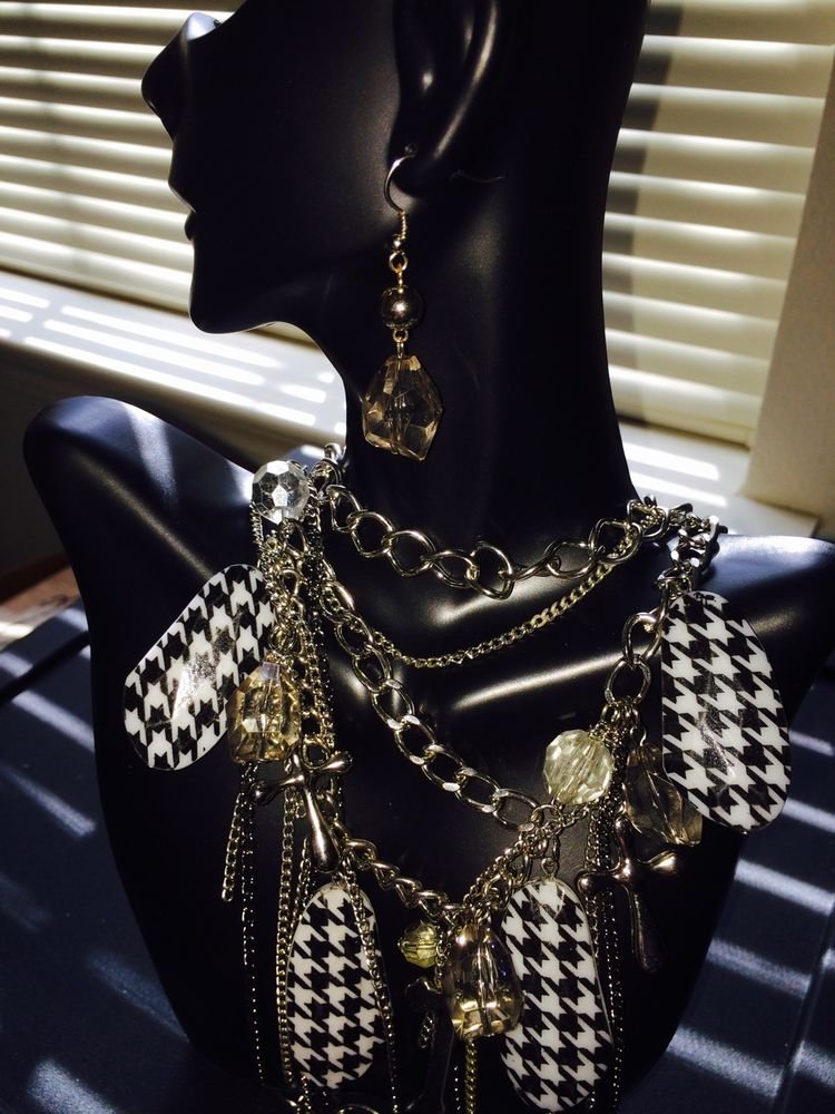 Black And White Checkered Necklace With Silver Crosses And Clear Earrings Set