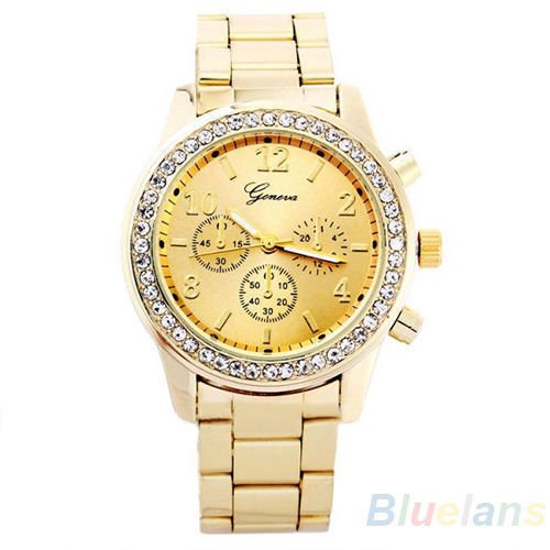 Geneva Watch with Elegant Crystal Dial Gold Tone