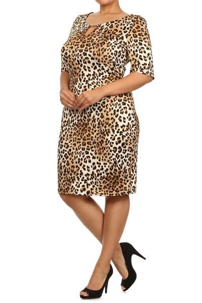 Cheetah print,Scoop Neck, Midi Dress with 3/4 sleeves