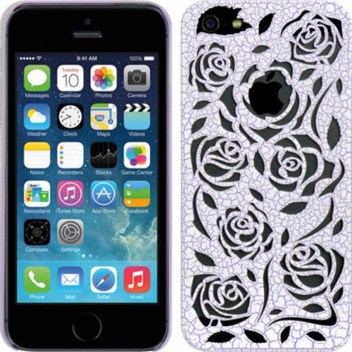 IPHONE 5/5S CRYSTAL RUBBER WOOD CARVING CASE ROSE PURPLE For Apple and Patterned