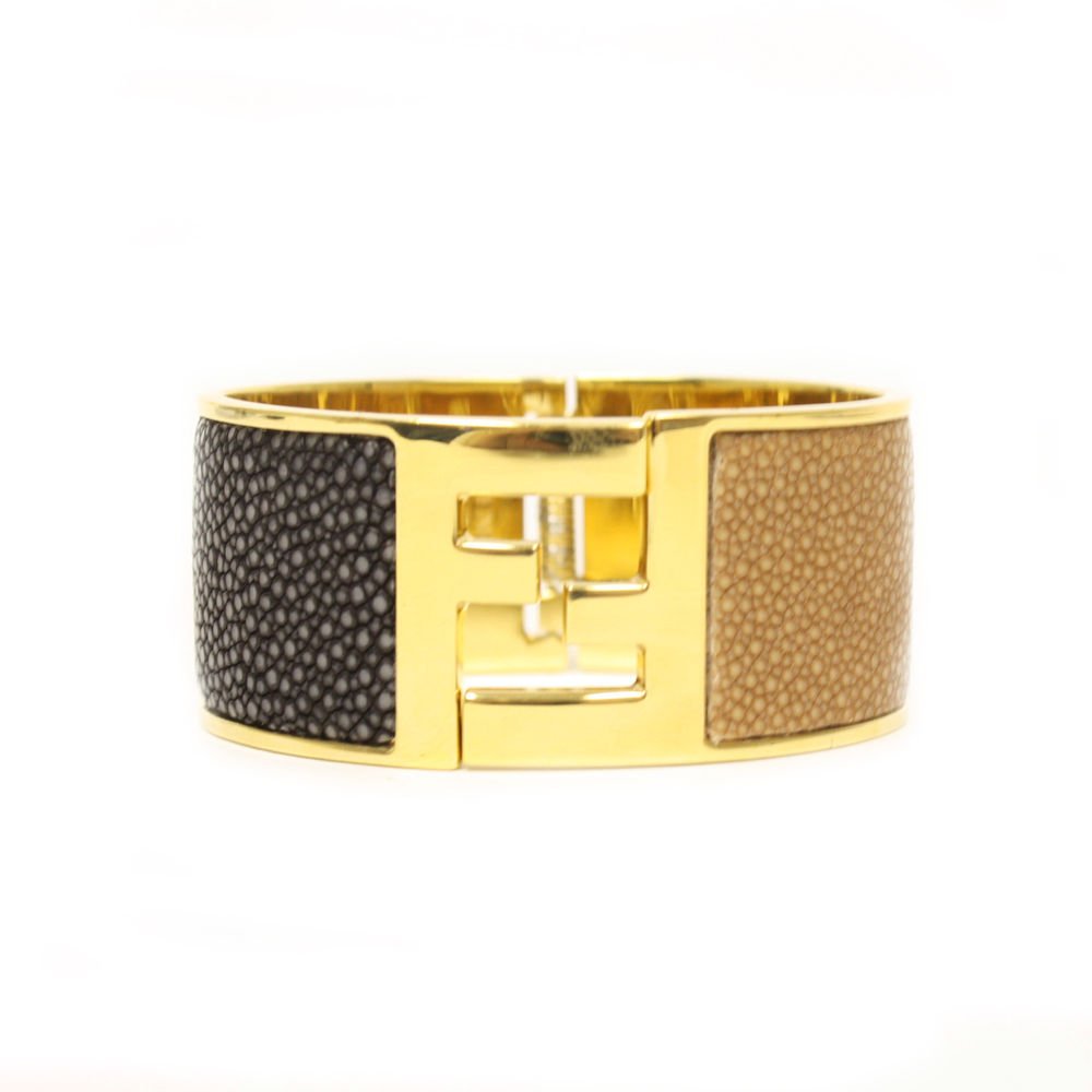 FENDI FF Logo Stingray Textured Leather Gold Cuff Bracelet