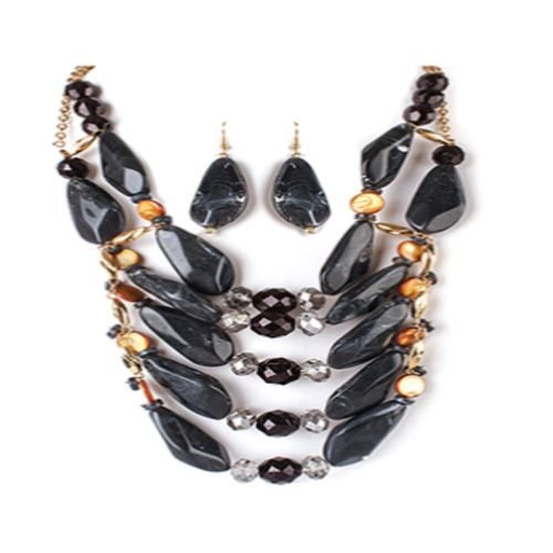 BLACK BEAD NECKLACE AND EARRING SET MULTI LAYERED ACRYLIC DISK METAL BAR