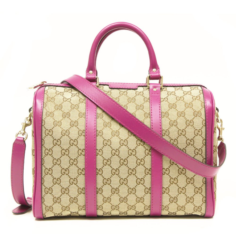 Gucci Vintage Web Pink Leather GG Canvas Boston Bag