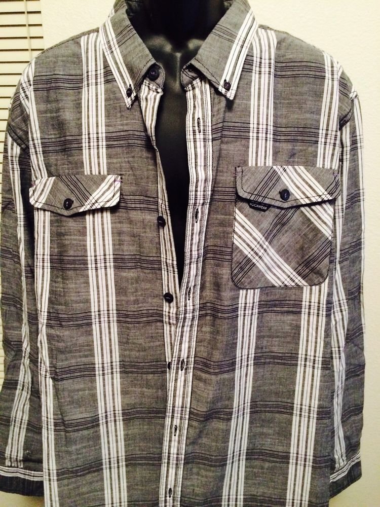 Rocawear Black Gray Plaid 3Xl Dress Shirt Classic Fit, Cotton Blend, Long Sleeve