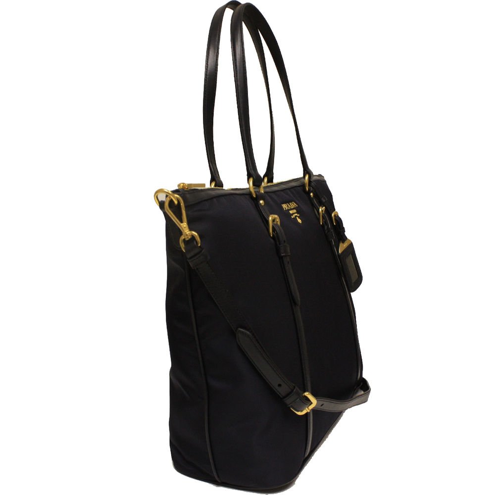 Prada Bleu Navy Tessuto Soft Calf Nylon and Leather Shopping Tote Bag