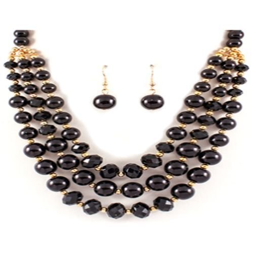 PEARL MULTI LAYERED GLASS BEADS PEARL METAL BEADS NECKLACE AND EARRING SET