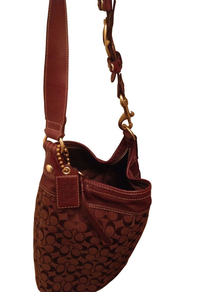 Brown Signature Coach Jacquard Large Bleeker Duffle Bag Purse