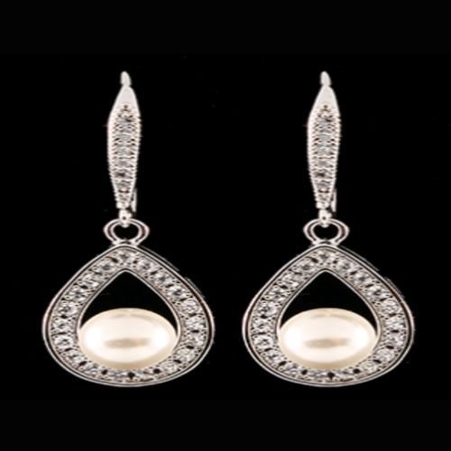 PEARL FISH HOOK EARRING CZ CUBIC ZIRCONIA WEDDING BRIDAL PROM 30 MM DROP