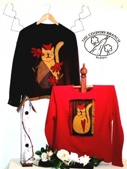 Bird & Flower Kitty Primitive Applique Pattern for Quilt Sweatshirt, PATTERN ONLY TCB 205-1