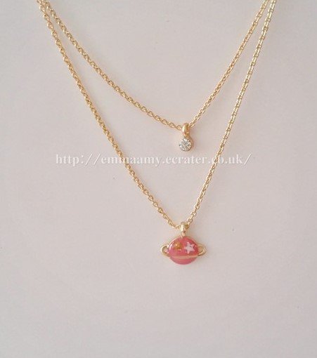Pink Planet Universe Fantasy Charm Gided Japanese Style Necklace