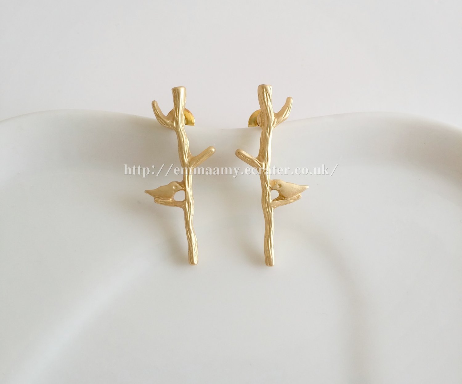 Matte Gold Bird Tree Stud Earrings