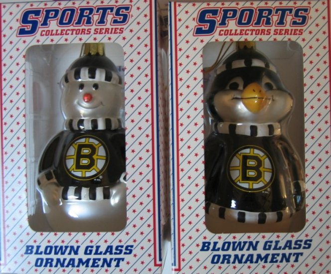 Boston Bruins Blown Glass Snowman & Penguin Christmas Ornament Set Gift