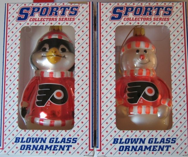 Philadelphia Flyers Blown Glass Snowman & Penguins Christmas Tree Ornament Set Gift