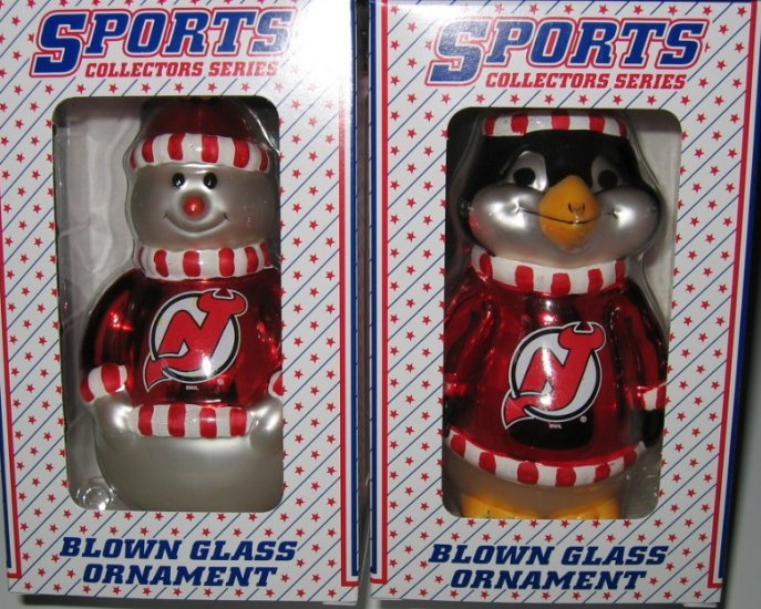 New Jersey Devils Blown Glass Snowman & Penguin Christmas Tree Ornament Set Gift