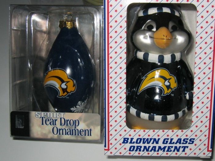 Buffalo Sabres Glass Penguin & Tear Drop Christmas Tree Ornament Set Gift