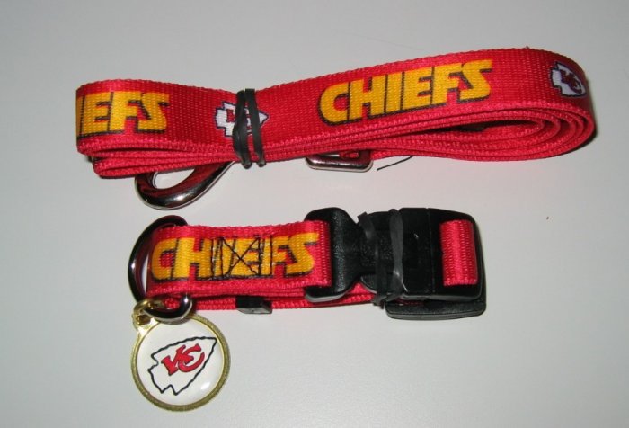 Kansas City Chiefs Pet Dog Leash Set Collar ID Tag Gift Size Large