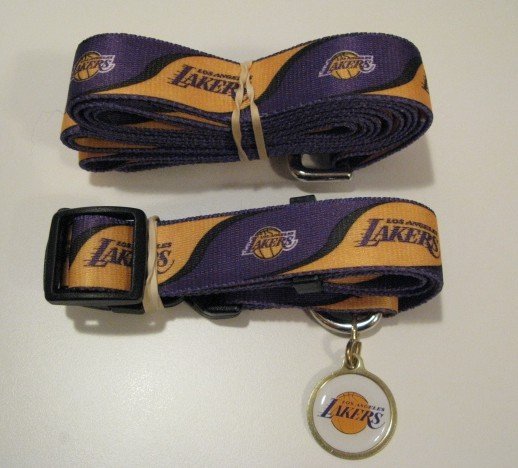 Los Angeles Lakers Pet Dog Leash Set Collar ID Tag Large