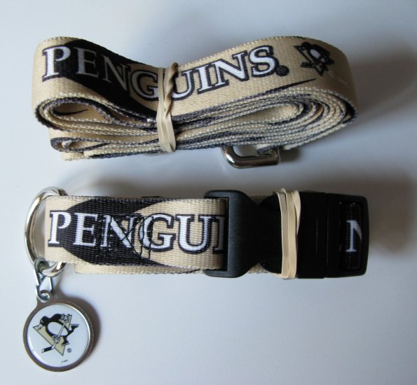 Pittsburgh Penguins Dog Pet Set Leash Collar ID Tag Large