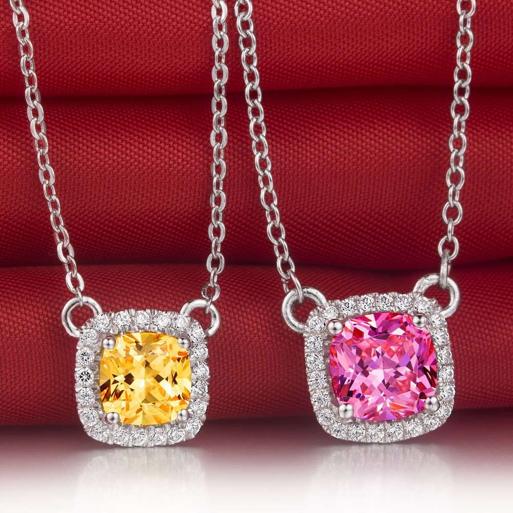 Lovely Cushion Cut Synthetic Diamond Pendant Necklace Pink Diamond Yellow Diamond.jpg