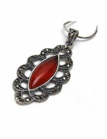 PX-9002 Handmade Silver, Marcasite, Agate Pendant