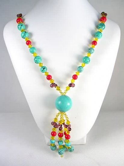 DSCN-0358 Turquoise, Coral, Garnet, Crystal Necklace