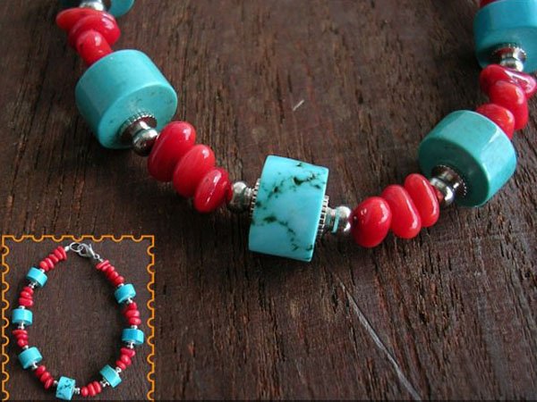 DSCN-1980 Turquoise, Coral, Tibet Silver Beads Bracelet