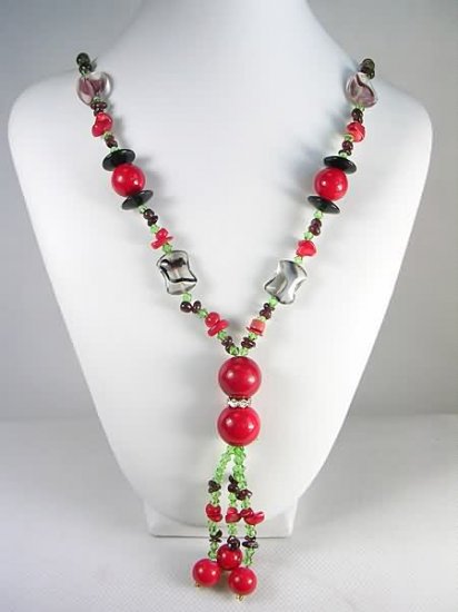 Free shipping---Coral, Garnet, Crystal Beads Necklace