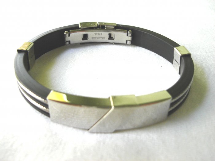 Free shipping--Stainless Steel And Rubber Bracelet