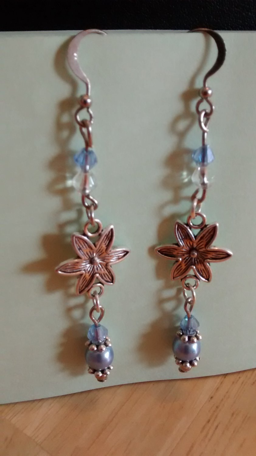 2 3/4" Pewter Flower SP Earrings w/Austrian crystals