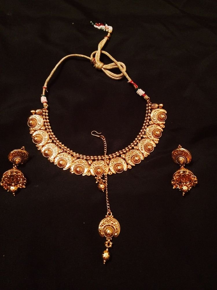 Brand New Indian Gold Antique Elegant Necklace With Jumka And Mang Tikka