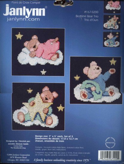 Janlynn 167-0200 "Bedtime Bear Trio" Counted Cross Stitch Kit