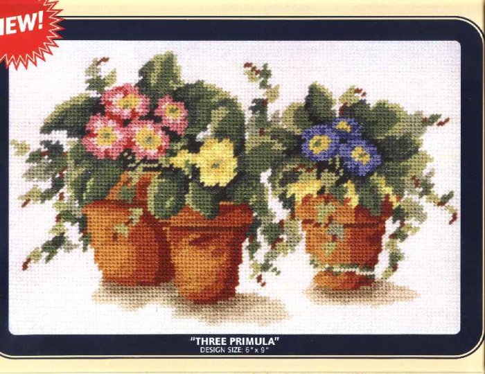 DMC Needlepoint Canvas Pattern "Three Primula" Flowers Pearl cotton Tapestry wool embroidery floss