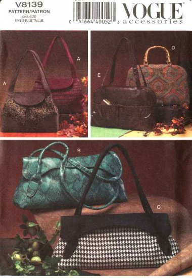 Vogue Sewing Pattern 8139 Five Lined Fashion Handbags Purses Bags