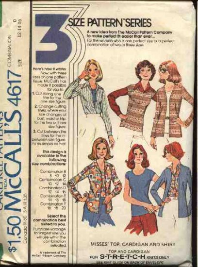 Retro McCall's Sewing Pattern 4617 M4617 Misses Size 10-14 Knit Top Cardigan Button Front Shirt