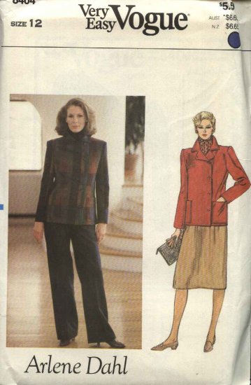 Vogue Sewing Pattern 8404 Misses Size 12 Easy Arlene Dahl Jacket Skirt Pants
