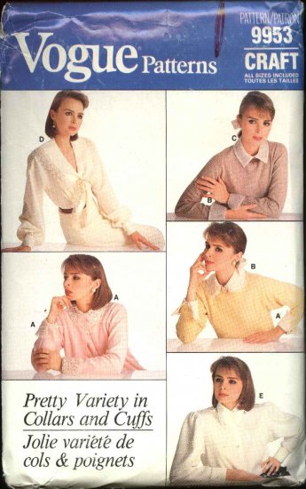 Vogue Sewing Pattern 9953 Misses All Sizes 6-22 Collars Cuffs Bows Scarf