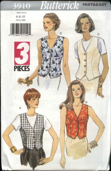 Butterick Sewing Pattern 3910 Misses Size 6-8-10 Easy Button Front Princess Seam Vest Top