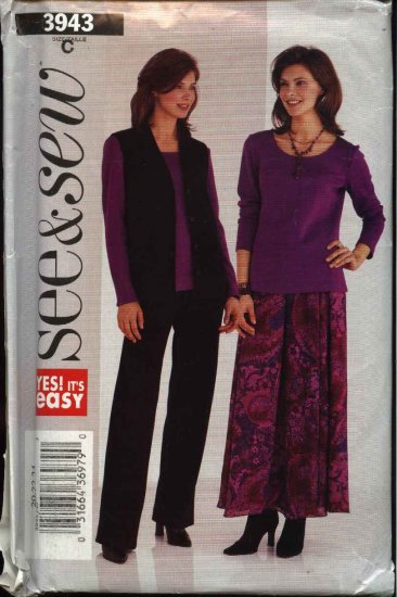 Butterick Sewing Pattern 3943 Misses Size 20-22-24 Easy Vest Top Skirt Pants