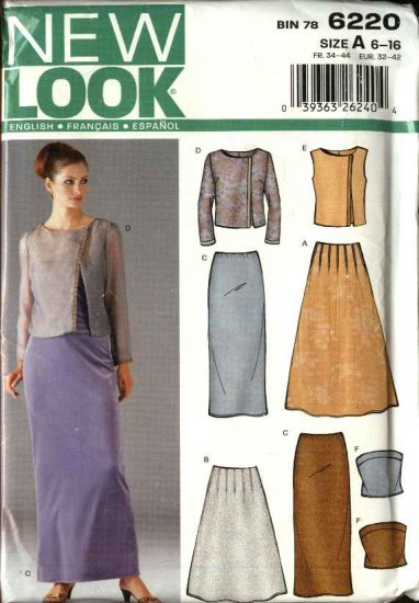 New Look Sewing Pattern 6220 Misses Size 6-16 Formal Long Straight Flared Skirt Jacket Tops